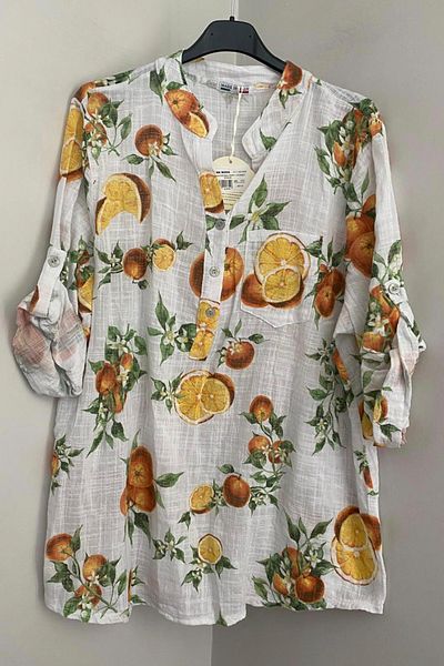 AYASOFYA OTANTIK Women's Italian White Orange Patterned Button Detailed Folding Orphan Sleeves 100% Cotton Blouse Shirt