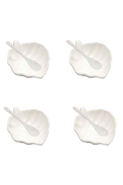 PUFO Set de 4 boluri din porțelan Pufo Leaf pentru aperitive, desert, farfurie, cu lingurițe, alb