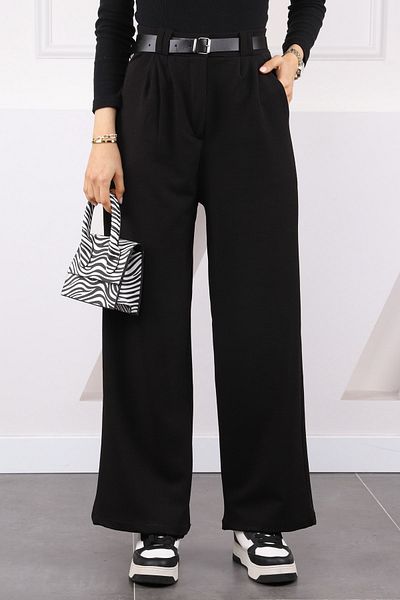 İmajButik Μαύρο Παντελόνι Palazzo Lycra με διπλή πλισέ ζώνη