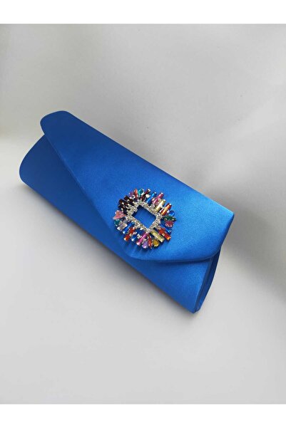 bsc حقيبة السهرة ذات اللون الأزرق الساتان اللامع من ساكس