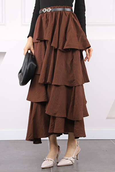 İmajButik Brown Elastic Waist Layered Belted Skirt