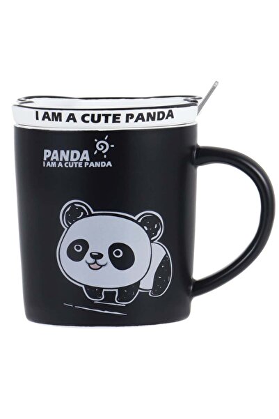 PUFO Baby Panda ceramic mug with lid and spoon for coffee or tea, 300 ml
