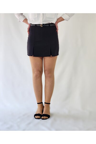 YAXİ Double Slit Belted Woven Black Short Skirt with Skirt Look on the Back