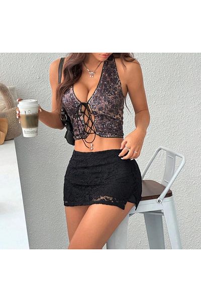 MAROVOAY Slit Lace Super Mini Skirt with Tights Inside
