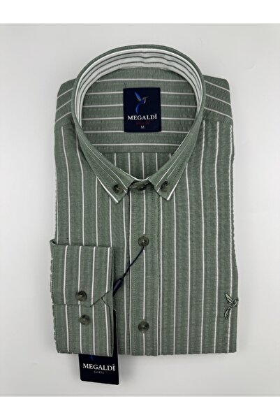 MEGALDİ Erkek Slim Fit Kesim Yeşil Likralı Gofre Desenli Çizgili Uzun Kollu G...