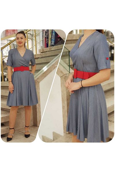 Plenty "V-Neck Linen Dress with Belt Detail Stylish and Comfortable Design"