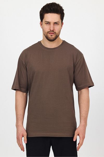 THE RULE Unisex Oversize 100% Cotton Wide Cut Soft Textured Basic Crew Neck Brown T-Shirt Rf0406