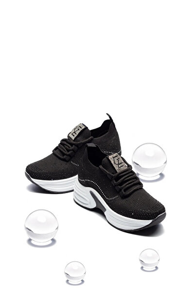 Moda Kadıköy Women's Black Hidden Heel Stone Comfortable High Sole Knitwear Sneaker Shoes