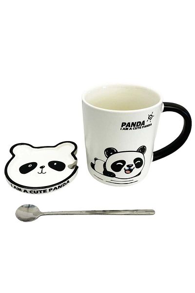 PUFO Cană ceramică Little Panda cu capac și linguriță pentru cafea sau ceai, 300 ml