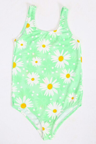 FırsatYeri Kız Çocuk Mayo Yeşil Beyaz Papatya Desenli Rahat Hızlı Kuruyan Mayo Deniz Havuz Plaj Mayosu