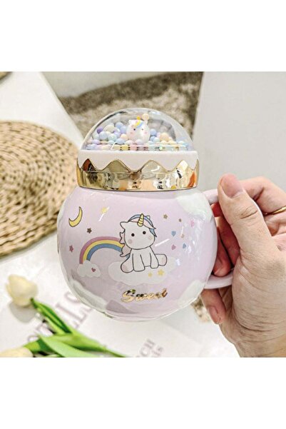 PUFO Unicorn World ceramic mug with lid for coffee or tea, 400 ml, purple