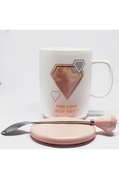 PUFO Cană ceramică Find Love cu capac și linguriță pentru cafea sau ceai, 350 ml