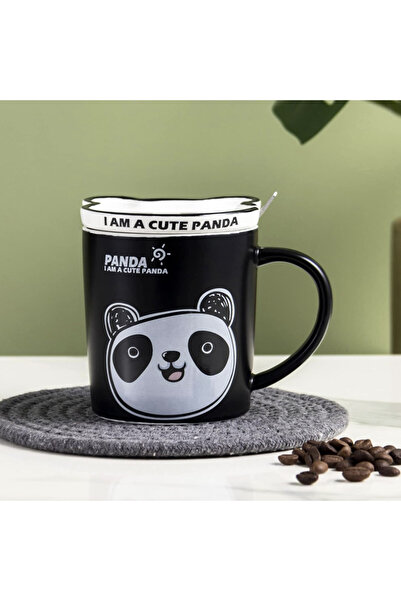 PUFO Happy Panda ceramic mug with lid and spoon for coffee or tea, 300 ml