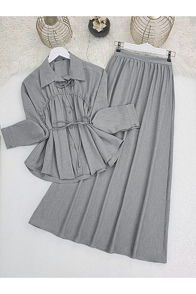 Modamorfo Suit with Tie-Up Collar and Waist Skirt - Gray