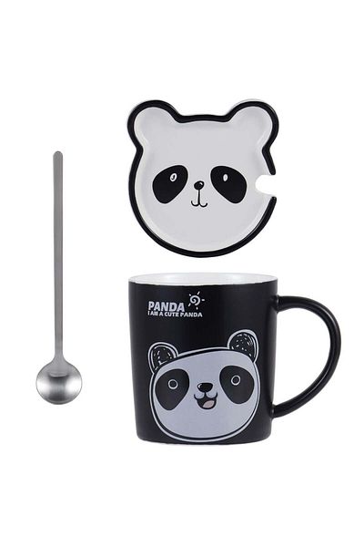 PUFO Cană ceramică Happy Panda cu capac și linguriță pentru cafea sau ceai, 300 ml