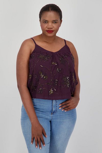 PROMOD Women V-neck Sleeveless Embellish Tops, Dark Purple Combo