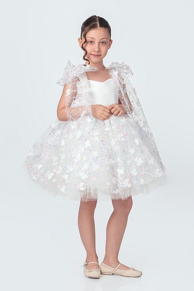 ABİYEKİDS White Flower Detailed Luxury Children's White Evening Dress Aby214