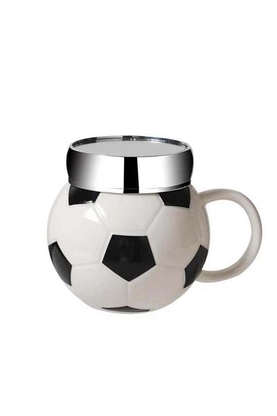 PUFO Cană ceramică cu capac Love Play Football pentru cafea sau ceai, 350 ml, negru/alb