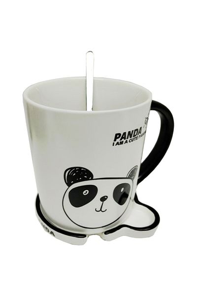 PUFO Cană ceramică Lonely Panda cu capac și linguriță pentru cafea sau ceai, 300 ml