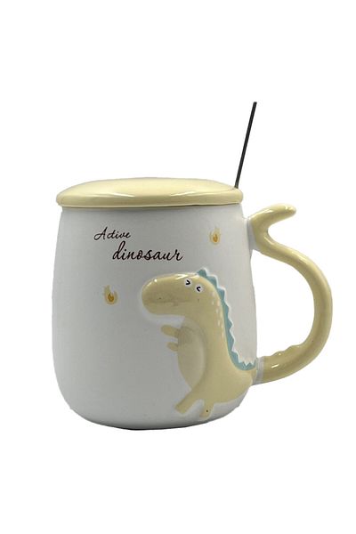 PUFO Cană ceramică Dyno cu capac și linguriță pentru cafea sau ceai, 400 ml, galbenă