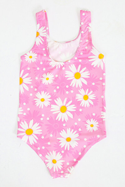 FırsatYeri Kız Çocuk Mayo Pembe Beyaz Papatya Desenli Rahat Hızlı Kuruyan Mayo Deniz Havuz Plaj Mayosu