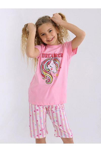 vitmo Girl's Short Sleeve Capri 100% Cotton Pajamas Set Dreamer Girl