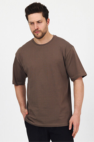 THE RULE Unisex Oversize 100% βαμβακερό φαρδύ κομμένο μαλακό μπλουζάκι με λαιμόκοψη καφέ Rf0406