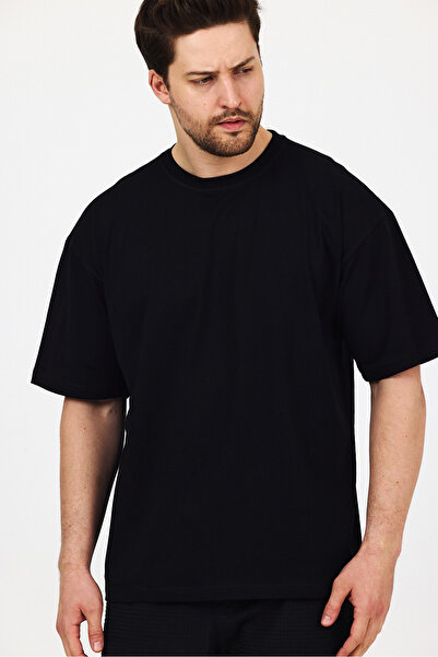 THE RULE Unisex Oversize 100% βαμβακερό φαρδύ κομμένο μαλακό μπλουζάκι με λαιμόκοψη μαύρο Rf0406