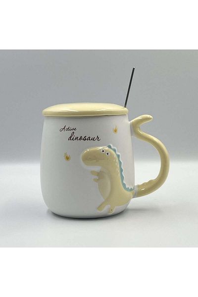 PUFO Cană ceramică Dyno cu capac și linguriță pentru cafea sau ceai, 400 ml, galbenă