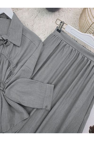 Modamorfo Suit with Tie-Up Collar and Waist Skirt - Gray