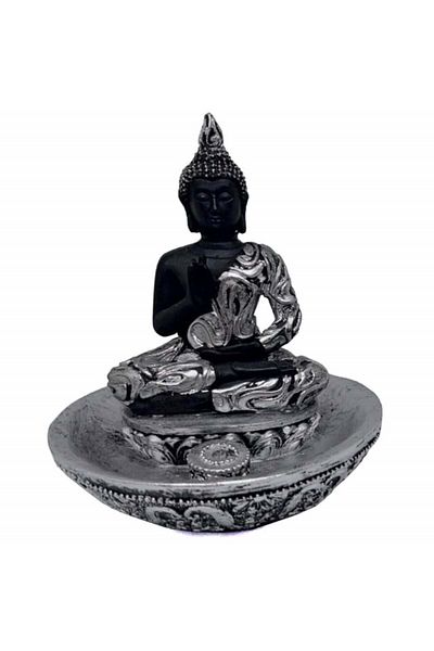 PUFO Statuie decorativă Buddha cu suport pentru bețișoare parfumate, 11 cm, argintiu/negru