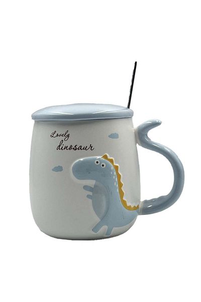 PUFO Cană ceramică Dyno cu capac și linguriță pentru cafea sau ceai, 400 ml, albastră