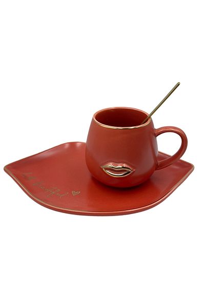 PUFO Cană ceramică frumoasă cu farfurie și linguriță pentru cafea sau ceai, 180 ml, roșie