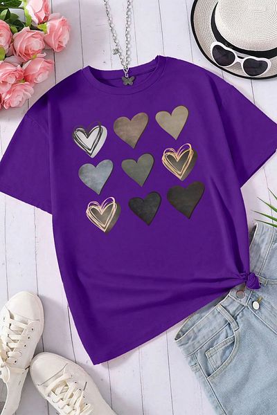 halowear Μωβ μπλουζάκι Unisex Hearts με εμπριμέ χαλαρή εφαρμογή