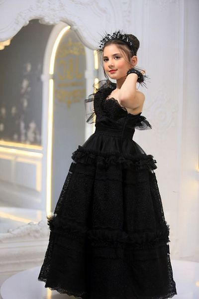 Ribbon kids Gothic Style One Sleeve Lace Children Evening Dress Gown+Tac