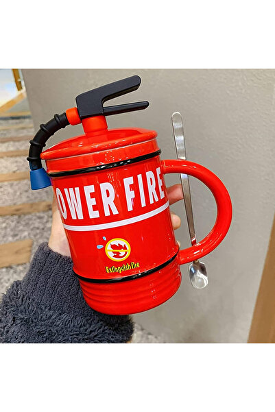 PUFO Stop Fire ceramic mug with lid and spoon for coffee or tea, 400 ml, red