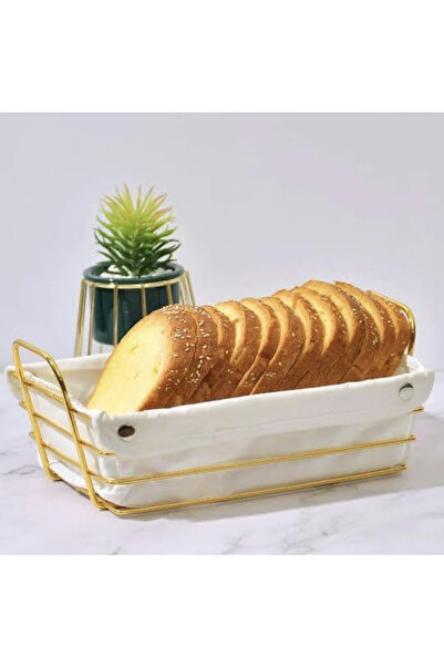 PUFO Rectangular metal basket kitchen for serving bread, with removable textile cover, 26 x 19 cm, gold