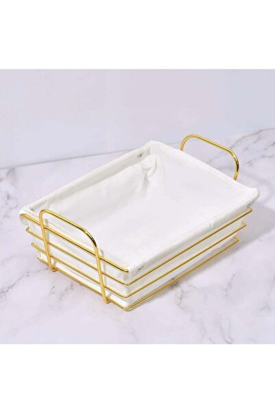 PUFO Rectangular metal basket kitchen for serving bread, with removable textile cover, 26 x 19 cm, gold