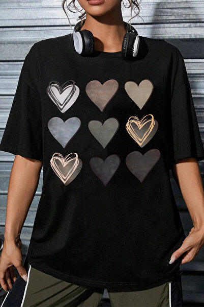 ciwi&life Μαύρο μπλουζάκι Unisex Hearts με εμπριμέ χαλαρή εφαρμογή