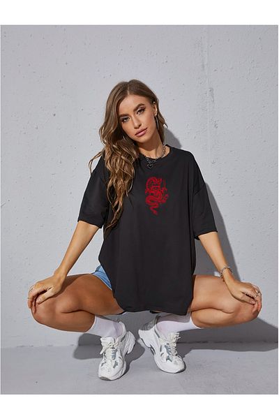 memowear Unisex Red Dragon Printed Relaxed Cut Black T-Shirt