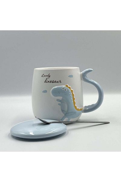 PUFO Cană ceramică Dyno cu capac și linguriță pentru cafea sau ceai, 400 ml, albastră