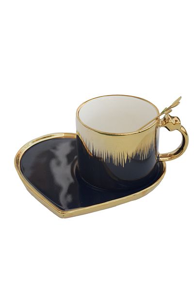 PUFO Cană ceramică cu farfurie în formă de inimă și linguriță Pufo Desire pentru cafea sau ceai, 180 ml, albastră