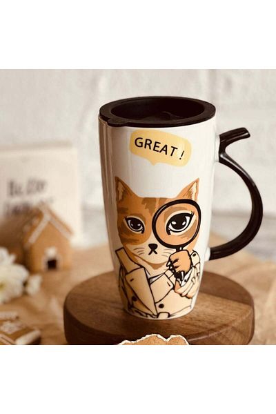 PUFO Cană înaltă din ceramică Detective cu capac, pentru cafea sau ceai, 450 ml