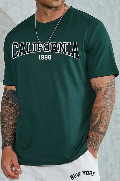 yueswear Unisex CALIFORNIA 1998 Πράσινο μπλουζάκι με εμπριμέ χαλαρή εφαρμογή