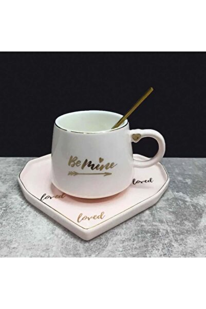 PUFO Ceramic mug with heart-shaped saucer and Pufo Be Mine teaspoon for coffee or tea, 180 ml, pink