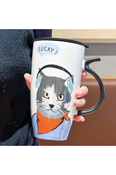 PUFO Music tall ceramic mug with lid, for coffee or tea, 450 ml