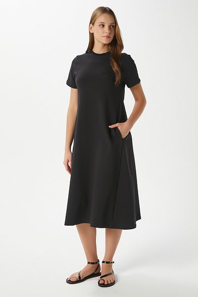 Ritnice Γυναικείο καλοκαιρινό φόρεμα Hanna Pocket Bell Cut Μαύρο χτενισμένο βαμβακερό 14266