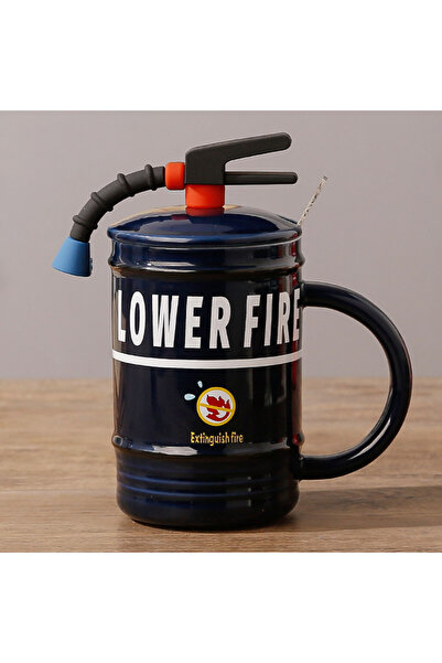 PUFO Stop Fire ceramic mug with lid and spoon for coffee or tea, 400 ml, blue