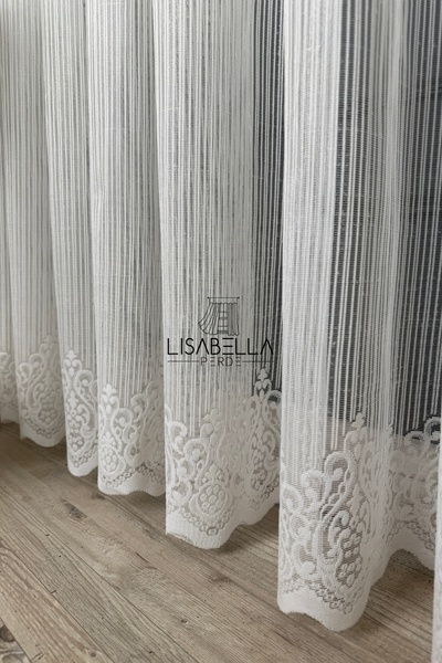 LisabellaHome Perdele din tul alb tricotat cu model de linie artistică și detaliu modern de linie |   Sezon nou (Cusătură dreaptă fără pliuri)