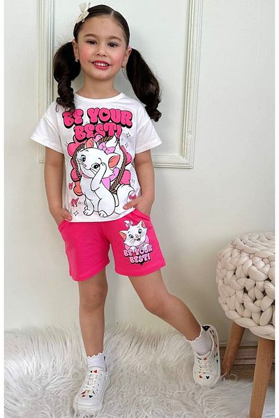 Yağmur Giyim Cute Kitten Patterned Fuchsia Shorts Girl's Short Sleeve Suit 7566-F